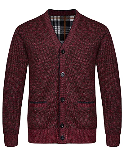 KTWOLEN Herren Strickjacke V Ausschnitt Fleecejacke Wintermantel Sweatjacke Cardigan Trachtenjacke Warme Winterjacke mit Knopfverschluss und Taschen, Rot, M von KTWOLEN