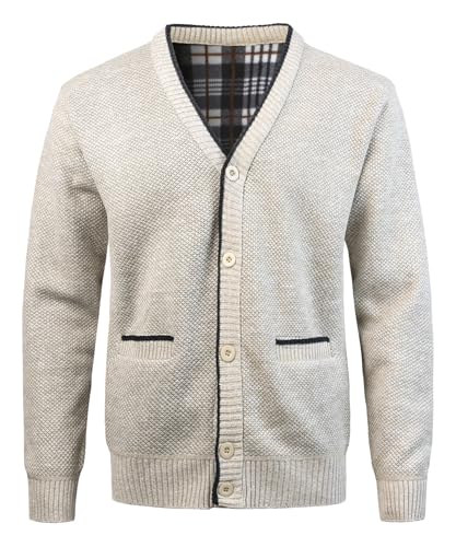 KTWOLEN Herren Strickjacke V Ausschnitt Fleecejacke Wintermantel Sweatjacke Cardigan Trachtenjacke Warme Winterjacke mit Knopfverschluss und Taschen, Beige, XXL von KTWOLEN