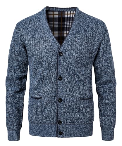 KTWOLEN Herren Strickjacke V Ausschnitt Fleecejacke Wintermantel Sweatjacke Cardigan Trachtenjacke Warme Winterjacke mit Knopfverschluss und Taschen, Blau, S von KTWOLEN