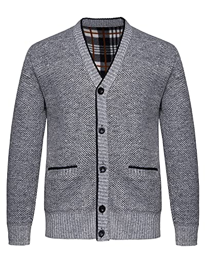 KTWOLEN Herren Strickjacke V Ausschnitt Fleecejacke Wintermantel Sweatjacke Cardigan Trachtenjacke Warme Winterjacke mit Knopfverschluss und Taschen, Hellgrau, M von KTWOLEN