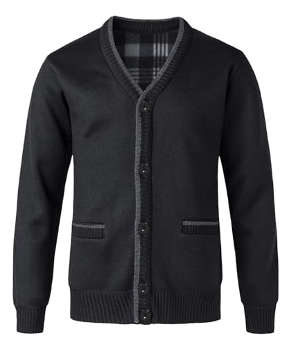 KTWOLEN Herren Strickjacke V Ausschnitt Fleecejacke Wintermantel Sweatjacke Cardigan Trachtenjacke Warme Winterjacke mit Knopfverschluss und Taschen, Schwarz, XXL von KTWOLEN