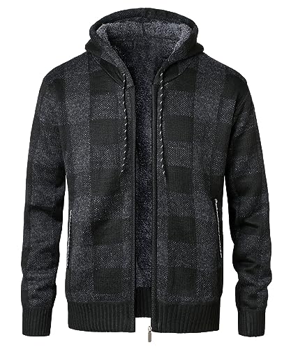 KTWOLEN Strickjacke Herren mit Kapuze Fleecejacke Winter Sweatjacke Trachtenjacke Kariert Cardigan Kapuzenjacke mit Reißverschluß und Taschen, Schwarz, L von KTWOLEN