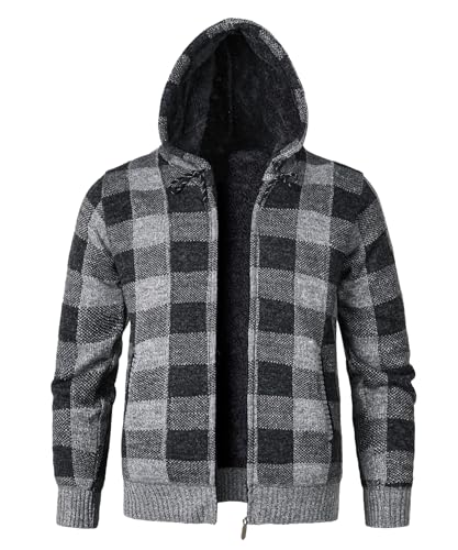 KTWOLEN Strickjacke Herren mit Kapuze Fleecejacke Winter Sweatjacke Trachtenjacke Kariert Cardigan Kapuzenjacke mit Reißverschluß und Taschen, Grau, L von KTWOLEN