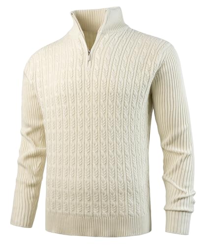 KTWOLEN Herren Strickpullover mit Stehkragen Warmer Langarm Kabel Stricken Pullover Feinstrick Winterpullover mit Reißverschluss Rollkragenpullover für Männer, Beige, XXL von KTWOLEN