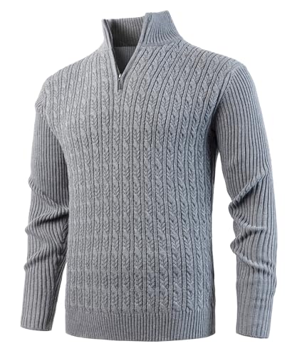 KTWOLEN Herren Strickpullover mit Stehkragen Warmer Langarm Kabel Stricken Pullover Feinstrick Winterpullover mit Reißverschluss Rollkragenpullover für Männer, Grau, L von KTWOLEN