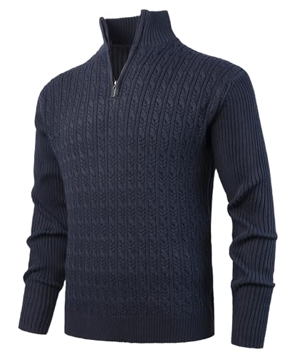 KTWOLEN Herren Strickpullover mit Stehkragen Warmer Langarm Kabel Stricken Pullover Feinstrick Winterpullover mit Reißverschluss Rollkragenpullover für Männer, Navy Blau, XL von KTWOLEN