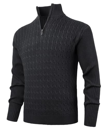 KTWOLEN Herren Strickpullover mit Stehkragen Warmer Langarm Kabel Stricken Pullover Feinstrick Winterpullover mit Reißverschluss Rollkragenpullover für Männer, Schwarz, XXL von KTWOLEN
