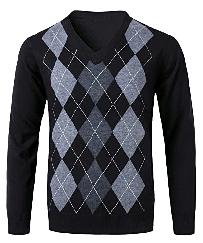 KTWOLEN Herren V-Ausschnitt Pullover Argyle Casual Langarm Strickpullover Freizeit Gestrickt Winterpullover von KTWOLEN