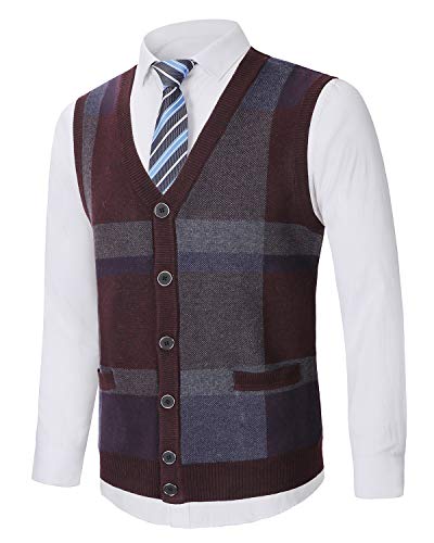 KTWOLEN Herren V-Ausschnitt Warm Eindicken West Ärmellose Pullunder Strickweste Freizeit Business Comfort Fit Wollweste für Männer (Rot_Kariert, XS) von KTWOLEN