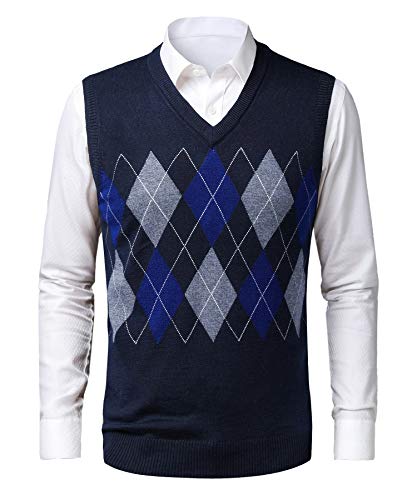 KTWOLEN Herren Pullunder V-Ausschnitt Kariert Pullover Weste Slim Fit Strickweste Winter Wollweste Freizeit Business Ärmellose Strickpullover, G-blau, M von KTWOLEN