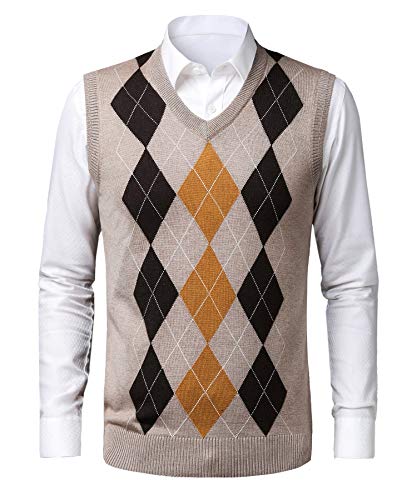 KTWOLEN Herren Pullunder V-Ausschnitt Kariert Pullover Weste Slim Fit Strickweste Winter Wollweste Freizeit Business Ärmellose Strickpullover, D-Braun, S von KTWOLEN