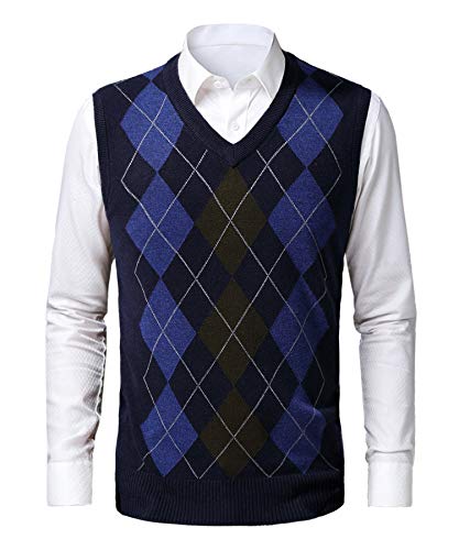 KTWOLEN Herren Pullunder V-Ausschnitt Kariert Pullover Weste Slim Fit Strickweste Winter Wollweste Freizeit Business Ärmellose Strickpullover, H-Navy Blau, XL von KTWOLEN