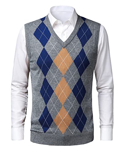 KTWOLEN Herren Pullunder V-Ausschnitt Kariert Pullover Weste Slim Fit Strickweste Winter Wollweste Freizeit Business Ärmellose Strickpullover, D-Grau, L von KTWOLEN