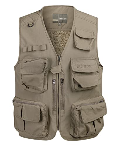KTWOLEN Herren Weste Fleeceweste Winter Warme Ärmellose Jacke Freizeitweste Multifunktionsweste Outdoor Anglerweste Fotografie Camping Herrenweste mit Vielen Taschen, Hellkhaki, L von KTWOLEN