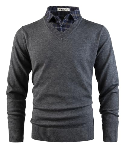 KTWOLEN Herren Pullover mit Hemdkragen 2 in 1 Winter Warm Strickpullover mit V-Ausschnitt Freizeit Mock Hemd Feinstrick Pullover Winterpullover Strick-Pulli Langarmshirt, Dunkelgrau, XXL von KTWOLEN