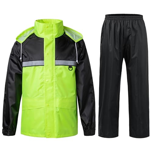 KTWOLEN Regenanzug für Herren Winddicht Regenjacke mit Kapuze Reflektierender Regenmantel mit Regenhose Wasserdicht Arbeits-Regenbekleidung, Grün, XL von KTWOLEN