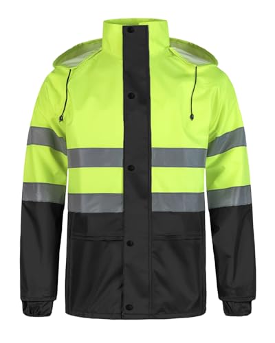 KTWOLEN Regenjacke Herren Wasserdicht Reflektierende Jacke Winddichter Regenmantel Atmungsaktiv Arbeitsjacke Regenjacken Reflexionsjacke mit Kapuze, Gelb+Schwarz, XXL von KTWOLEN