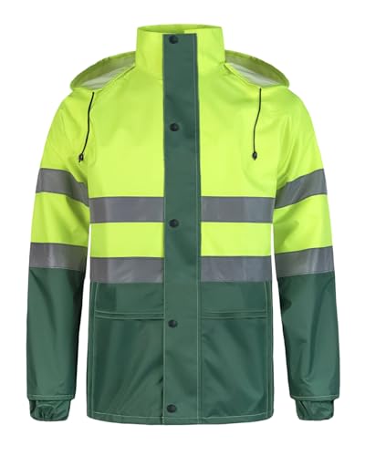 KTWOLEN Regenjacke Herren Wasserdicht Reflektierende Jacke Winddichter Regenmantel Atmungsaktiv Arbeitsjacke Regenjacken Reflexionsjacke mit Kapuze, Grün, L von KTWOLEN