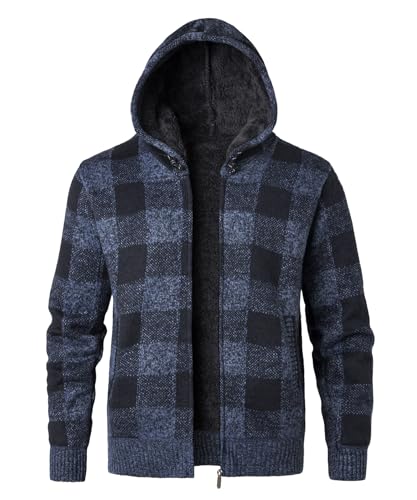 KTWOLEN Strickjacke Herren mit Kapuze Fleecejacke Winter Sweatjacke Trachtenjacke Kariert Cardigan Kapuzenjacke mit Reißverschluß und Taschen, Blau, L von KTWOLEN