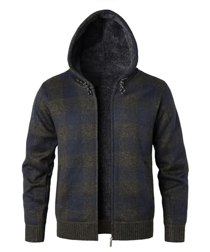 KTWOLEN Strickjacke Herren mit Kapuze Fleecejacke Winter Sweatjacke Trachtenjacke Kariert Cardigan Kapuzenjacke mit Reißverschluß und Taschen, Grün, L von KTWOLEN