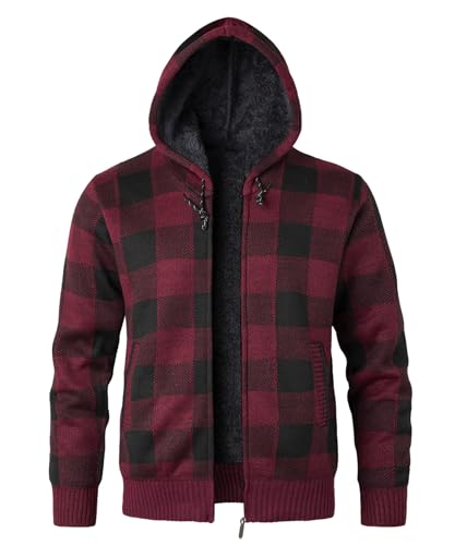 KTWOLEN Strickjacke Herren mit Kapuze Fleecejacke Winter Sweatjacke Trachtenjacke Kariert Cardigan Kapuzenjacke mit Reißverschluß und Taschen, Rot, L von KTWOLEN