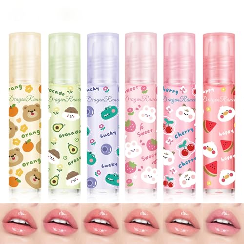 Roll On Lip Gloss Lippenöl Set,Feuchtigkeitsspendende und Nährende Lippen Leichtes Lippenöl,6Pcs Fruchtdüfte Veganer Lipgloss Ungiftiges Lippenöl von KTouler