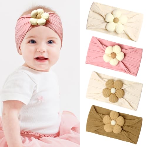 KU 4 Stück Baby Stirnbänder Blumen Haarband - Baby Mädchen Turban Mütze Weiches Elastische Haarbänder für Neugeborene bis 6 Monate von KU