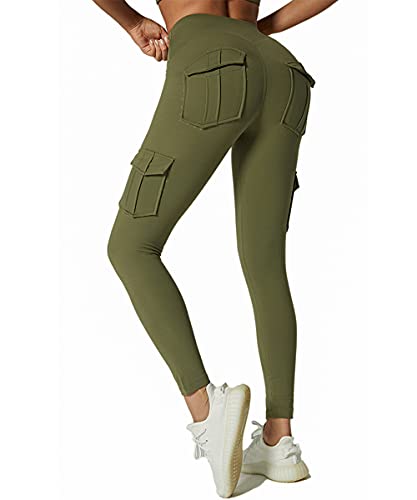 KUACUA Yogahose mit hoher Taille und 4 Taschen, Bauchkontrolle, Workout-Hose für Damen, 4-Wege-Stretch-Yoga-Leggings, armee-grün, XL von KuaCua