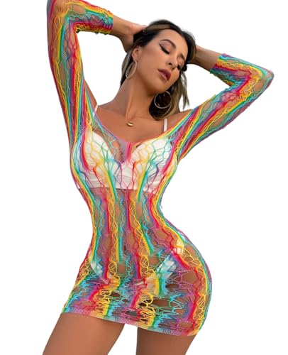 Festival Outfit Damen Netz Dessous-Sets,Sexy Lingerie Fischnetz, Einteilige Hohle Spaß-Perspektive,Durchsichtige Langärmelige Fischnetz Oberteil und Höschen-Sets, Erotik Reizwäsche (Regenbogen-5) von KUAIQI