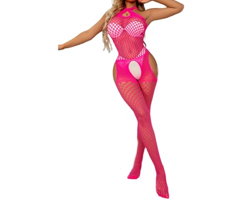 Sexy Dessous für Damen，Damen Fischnetz Bodys Dessous，Nahtlose Bodystocking catsuit Hohl Reizwäsche Strumpfhose Dessous,für Romantische Datum Tragen Reizwäsche (Rosenrot) von KUAIQI