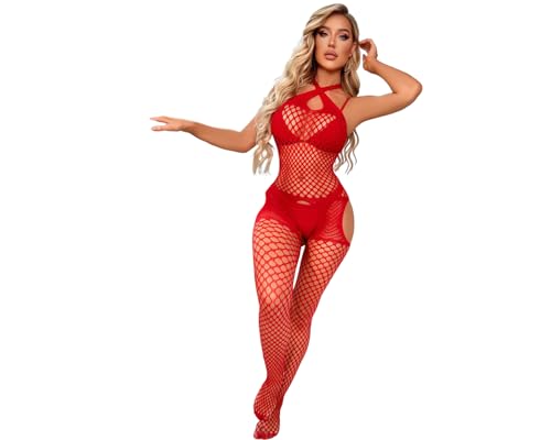 Sexy Dessous für Damen，Damen Fischnetz Bodys Dessous，Nahtlose Bodystocking catsuit Hohl Reizwäsche Strumpfhose Dessous,für Romantische Datum Tragen Reizwäsche (Rot) von KUAIQI