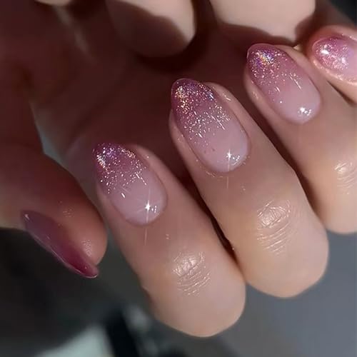 24 Stück Frauen-Nägel zum Aufdrücken, Farbverläufe, violett, schimmernd, kurze französische Spitze, Mandelform, zum Aufkleben auf künstliche Nägel von KUAIYIJU