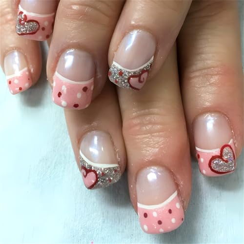 24 Stück kurze quadratische Nägel zum Aufdrücken, Valentinstag, falsche Nägel, französische Spitzen, zum Aufkleben auf Nägel für elegante Damen-Maniküre von KUAIYIJU