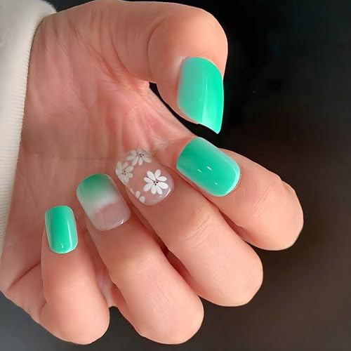 24 x kurze quadratische Nägel zum Aufdrücken, Blumen, künstliche Nägel, Farbverläufe, Acrylnägel, einfache vollständige Abdeckung, zum Aufkleben auf Nägel für Frauen von KUAIYIJU