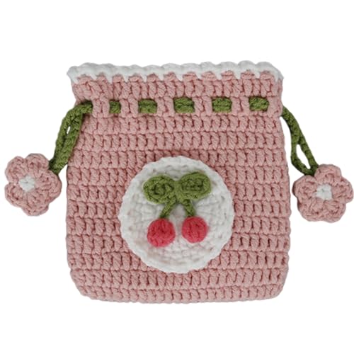 KUAIYIJU Kleine Geldbörse für Kleingeld, gestrickt, handgewebt, Aufbewahrungstasche, schöne Münzbörse, Häkeltasche, Kleingeldtasche für Mädchen und Frauen, cherry von KUAIYIJU