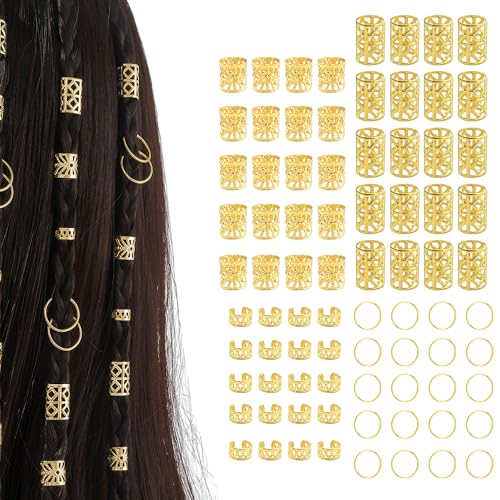 80 Stück Gold Haarschmuck für Zöpfe, Verstellbar Metallene Dreadlocks Schmuck, Tragbar Flechtringe und Schlingenverschlüsse, Haarperlen zum Klipsen für Dreadlocks für Männer Frauen Zöpfe von KUAJTUN