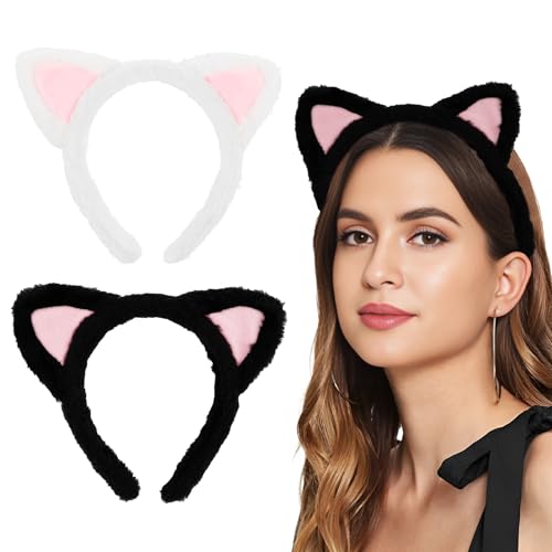 2 Stück Katzenohren Stirnband, KUAOOAUK Katze Haarbänder Haarschmuck, Katzenohren Haarband Tierohren Stirnband Cosplay KostüM Kopfbedeckung Damen Haarreifen (schwarz, weiß) von KUAOOAUK