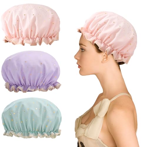 3 Stück Doppelschicht Duschkappe, KUAOOAUK wasserdichte elastische Badekappe, wiederverwendbare Duschhüte mit weichem Rüschenrand für Frauen Mädchen Dusche Spa Salon (Rosa/Grün/Lila) von KUAOOAUK