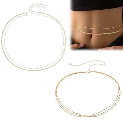 Bauchkette Damen Schmuck Set – 2-teilig – Verstellbar 65–90cm – Goldfarben – Elegant und Vielseitig von KUBDPQOR