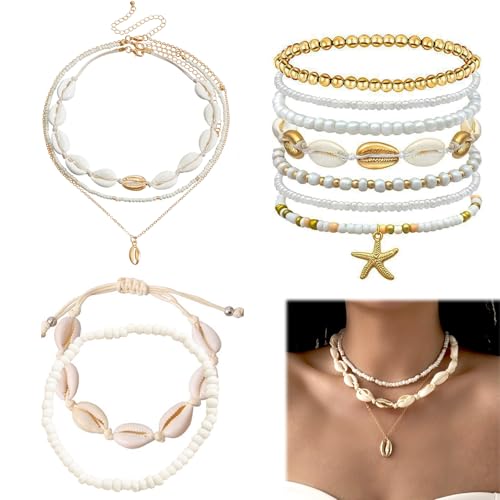 Muschelkette Damen Set – Boho Schmuck Set mit 3 Halsketten, 7 Armbändern, 2 Fußketten – Sommer Accessoires – Weiß/Bunt – 12-teilig von KUBDPQOR