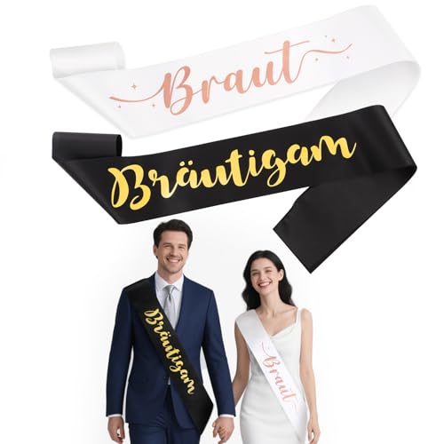 Schärpen Set Hochzeit 4 Stück – Braut Bräutigam Schulterbänder & Abzeichen, Weiß Gold, 160x9,5cm – Perfekte Party Deko für Junggesellenabschied, Hochzeitsfeier & Brautparty von KUBDPQOR