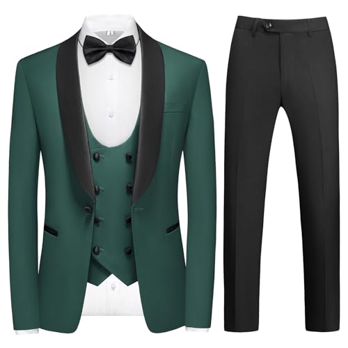 KUDMOL Anzüge Herren Slim Fit 4 Teilig Hochzeit Smoking Eine Knöpfe für Ball Herrenanzug Sakko Weste Hose mit Fliege(Armeegrün,3XL) von KUDMOL