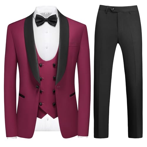 KUDMOL Anzüge Herren Slim Fit 4 Teilig Hochzeit Smoking Eine Knöpfe für Ball Herrenanzug Sakko Weste Hose mit Fliege(Burgunderrot,L) von KUDMOL