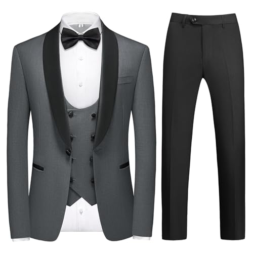 KUDMOL Anzüge Herren Slim Fit 4 Teilig Hochzeit Smoking Eine Knöpfe für Ball Herrenanzug Sakko Weste Hose mit Fliege(Dunkelgrau,L) von KUDMOL