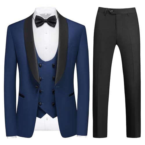 KUDMOL Anzüge Herren Slim Fit 4 Teilig Hochzeit Smoking Eine Knöpfe für Ball Herrenanzug Sakko Weste Hose mit Fliege(Marineblau,M) von KUDMOL