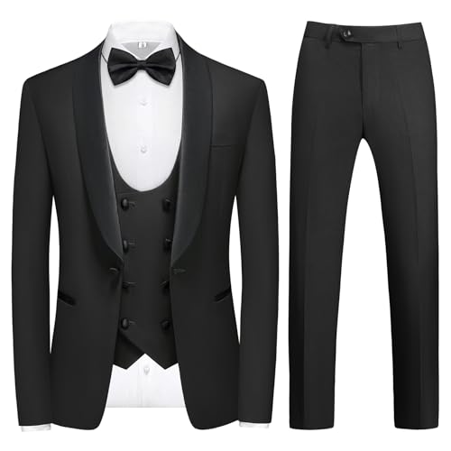 KUDMOL Anzüge Herren Slim Fit 4 Teilig Hochzeit Smoking Eine Knöpfe für Ball Herrenanzug Sakko Weste Hose mit Fliege(Schwarz,M) von KUDMOL
