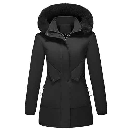KUDMOL Damen Winterparka mit abnehmbarer Kunstpelz-Kapuze Warme Jacke aus verdickter Baumwolle für Frauen(Schwarz,M) von KUDMOL