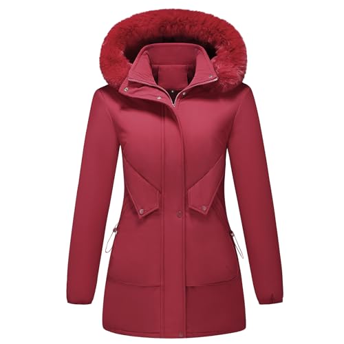 KUDMOL Damen Winterparka mit abnehmbarer Kunstpelz-Kapuze Warme Jacke aus verdickter Baumwolle für Frauen(Weinrot,2XL) von KUDMOL