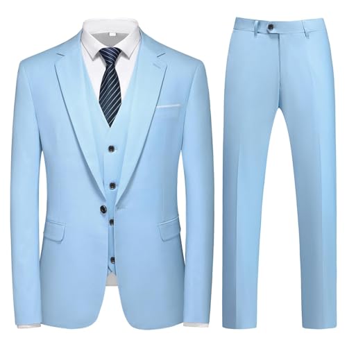 KUDMOL Herren 3-Stücke Anzug Business EIN Knopf Smoking Anzug für Männer Smoking Klassische Blazer Weste Hosen Set(Hellblau,L) von KUDMOL