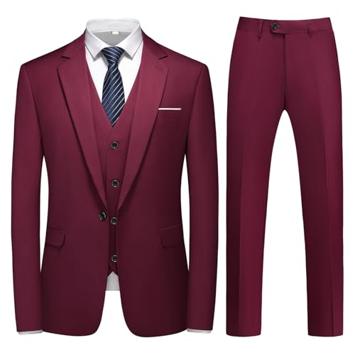 KUDMOL Herren 3-Stücke Anzug Business EIN Knopf Smoking Anzug für Männer Smoking Klassische Blazer Weste Hosen Set(Weinrot,2XL) von KUDMOL